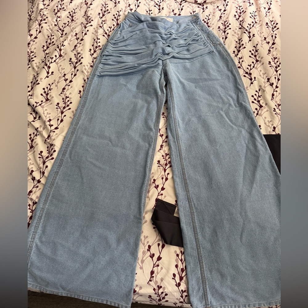 Blue Flare Wide Leg Jeans with High-Rise Waist Designer